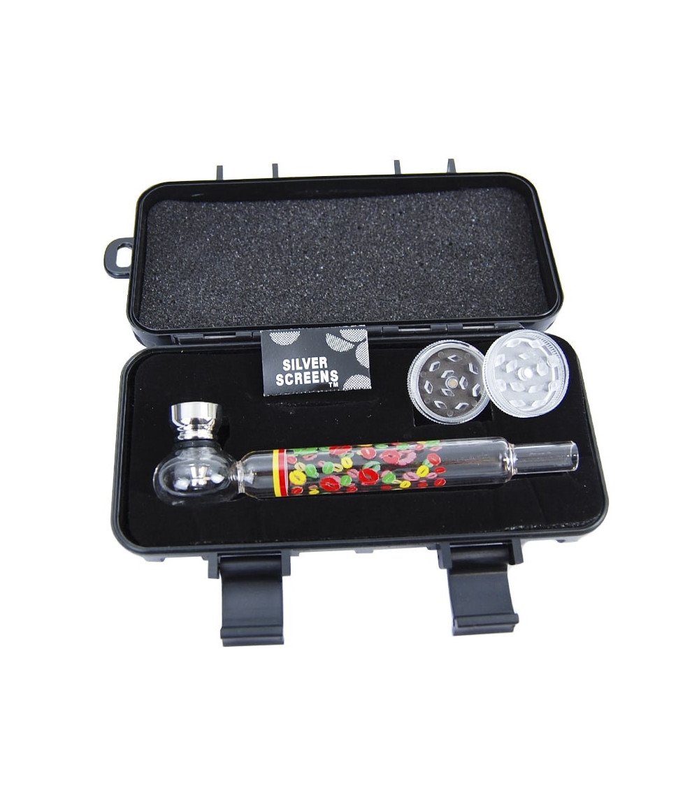 Geschenkset mit Shisha – Mini-Glaspfeife im Totenkopf-Stil, Grinder und Sieb in einer Reisebox