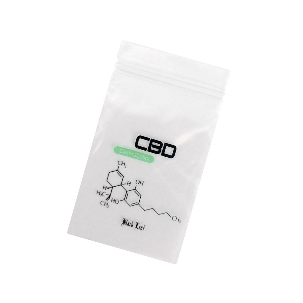 CBD Black Leaf Ziplock-Beutel – einteilig auf weißem Hintergrund