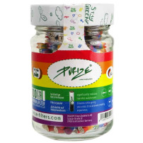 Zigarettenfilter mit Aktivkohle Purize Extra Slim Rainbow, 100 Stück – geschlossener Glasbehälter gefüllt mit Filtern und farbig