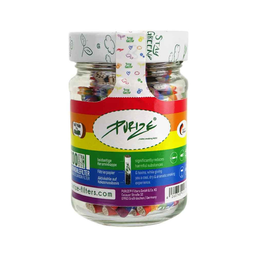 Zigarettenfilter mit Aktivkohle Purize Extra Slim Rainbow, 100 Stück – geschlossener Glasbehälter gefüllt mit Filtern und farbig