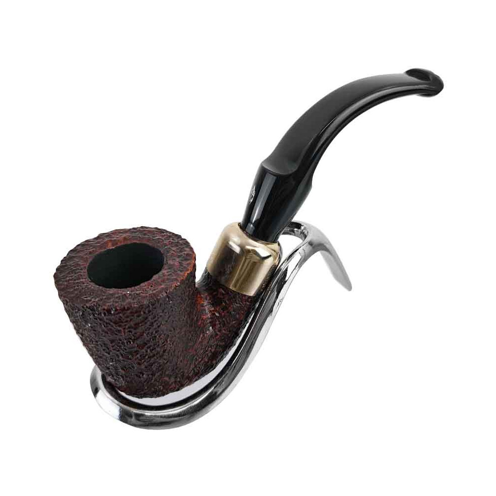 Savinelli New Dry System Rusticated Dark Brown 9mm Tabakpfeife, aufbewahrt in einem verchromten Pfeifenständer