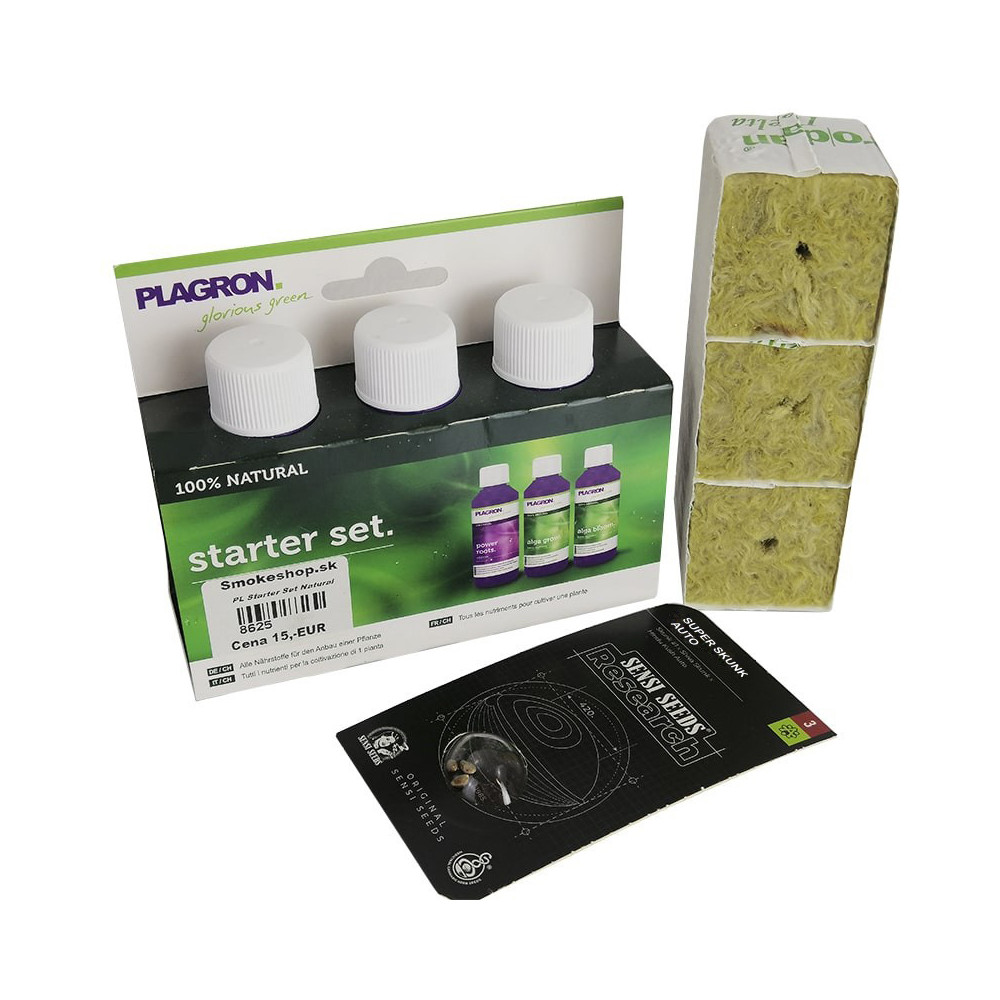 Grodan-Set für den Anbau von Super Skunk Autoflowering Cannabis-Samen, inklusive Dünger und Bewurzelungsmittel.