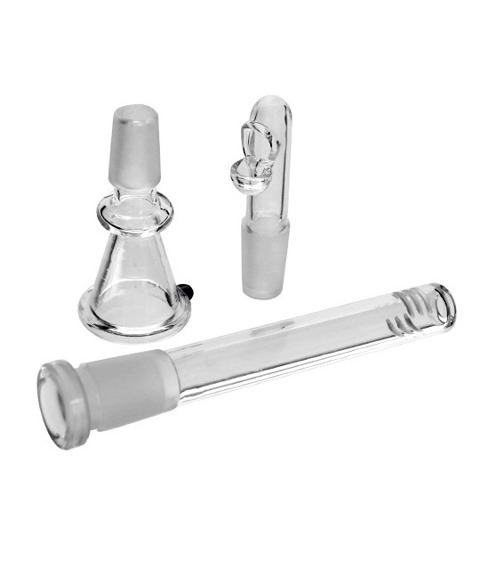 Set aus Glas-Bongos für getrocknete Kräuter und Öle in einem Etui