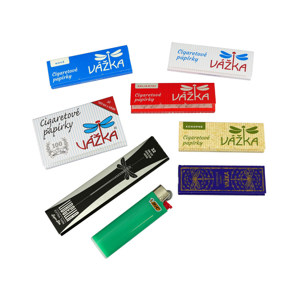 Dragonfly-Set: verschiedene Papiere der Marke Dragonfly und ein Bic Slom Feuerzeug.