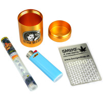 Goldenes Kifferset: Sensi Seeds Traumbox in Gold, Bic Slom Feuerzeug, Grinder-Karte und Juicy Jays Blunt