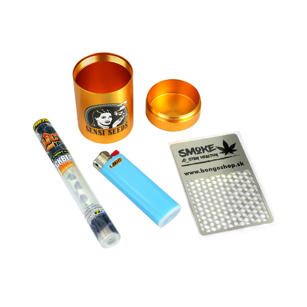 Goldenes Kifferset: Sensi Seeds Traumbox in Gold, Bic Slom Feuerzeug, Grinder-Karte und Juicy Jays Blunt