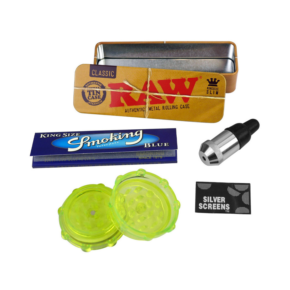 Bestes Freundesset: RAW-Box, blaue Papiere zum Rauchen, Pfeife, Grinder und Sieb