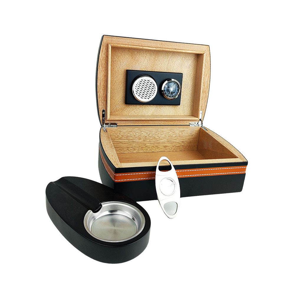 Humidor-Set, schwarz/braunes Leder, 25