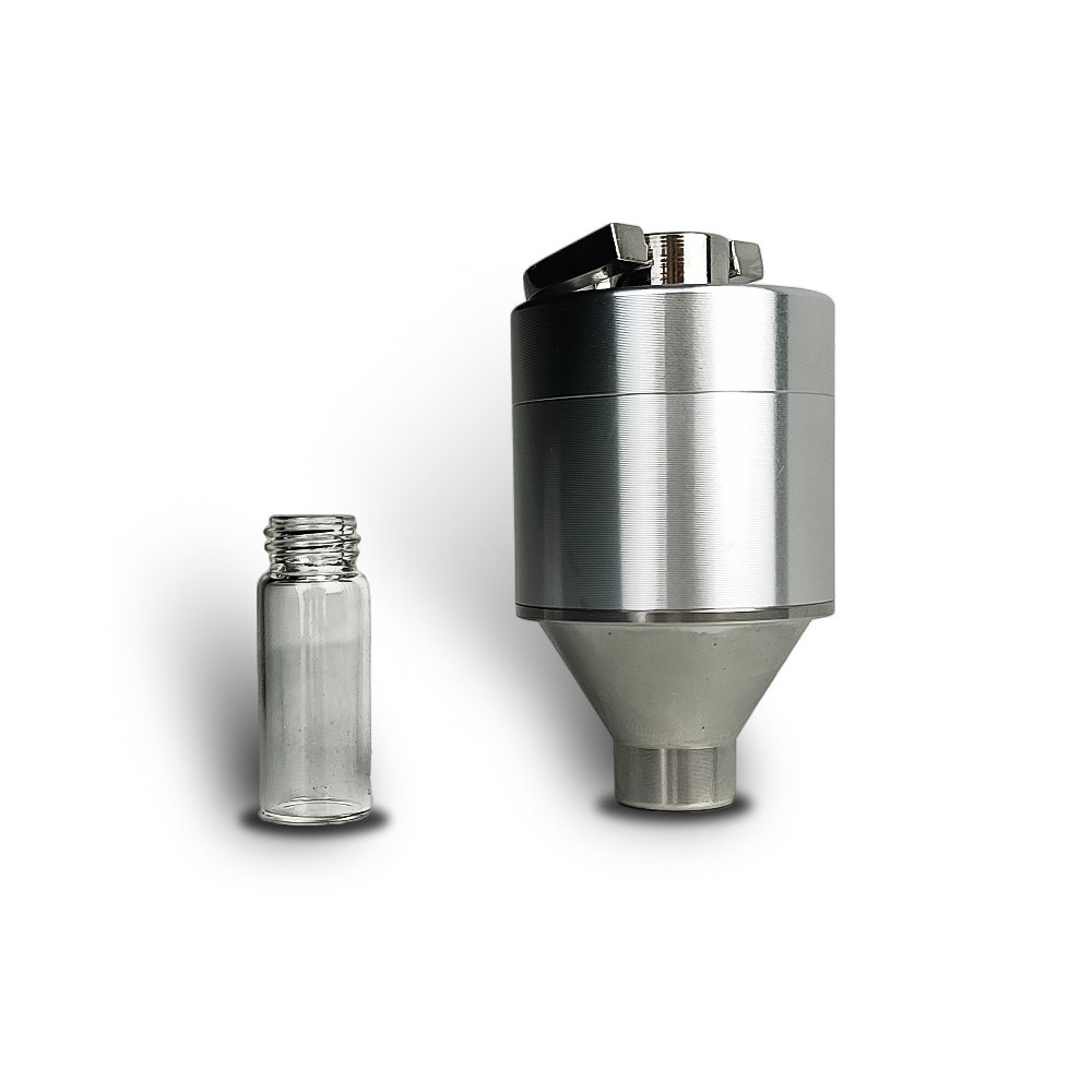 Zerlegte Mühle aus weißem Aluminium mit Ampulle