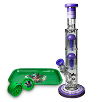 Glass Bongo Purple Phoenix Doppel-8-Arm-Perkolatoren Gold Line im Set mit Roll-Tray und grünem Crusher