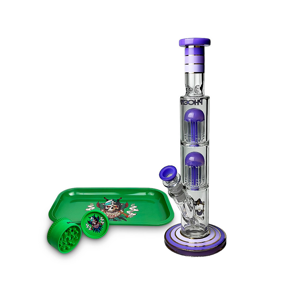 Glass Bongo Purple Phoenix Doppel-8-Arm-Perkolatoren Gold Line im Set mit Roll-Tray und grünem Crusher