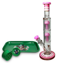 Pinkfarbene Bongo-Pfeife aus Glas, Phoenix-Doppel-8-Arm-Perkolatoren, Gold Line, im Set mit Roll-Tray und grünem Crusher.