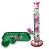 Pinkfarbene Bongo-Pfeife aus Glas, Phoenix-Doppel-8-Arm-Perkolatoren, Gold Line, im Set mit Roll-Tray und grünem Crusher.