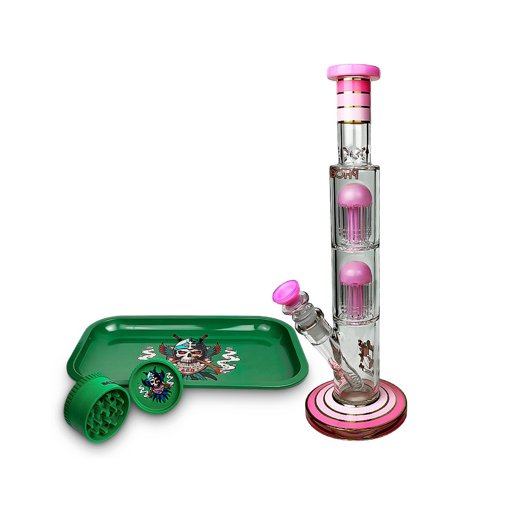 Pinkfarbene Bongo-Pfeife aus Glas, Phoenix-Doppel-8-Arm-Perkolatoren, Gold Line, im Set mit Roll-Tray und grünem Crusher.