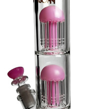 Bongo-Pfeife aus Glas, rosa, Phoenix-Doppel-8-Arm-Perkolatoren, Gold Line – Ansicht von zwei 8-Arm-Diffusoren.
