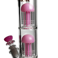 Bongo-Pfeife aus Glas, rosa, Phoenix-Doppel-8-Arm-Perkolatoren, Gold Line – Ansicht von zwei 8-Arm-Diffusoren.