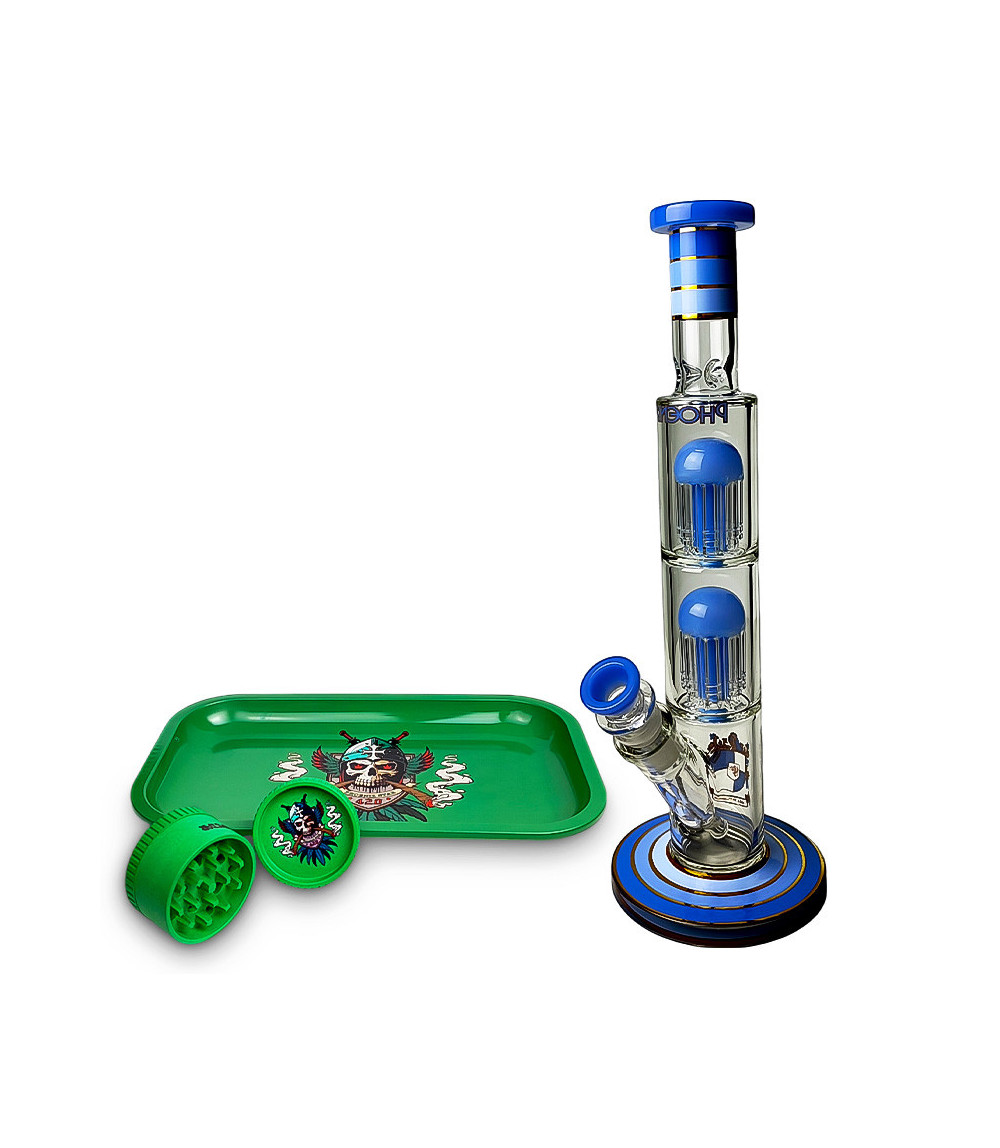 Blaue Glas-Bongo Phoenix Doppel-8-Arm-Perkolatoren Gold Line im Set mit Roll-Tray und grünem Crusher