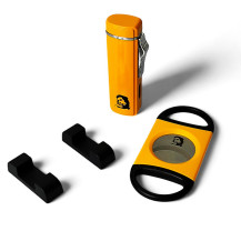 Zigarrenset Sky "Che" 3jet gelb-orange mit gelb-orangem Cutter und zwei Kunststoff-Zigarrenhaltern