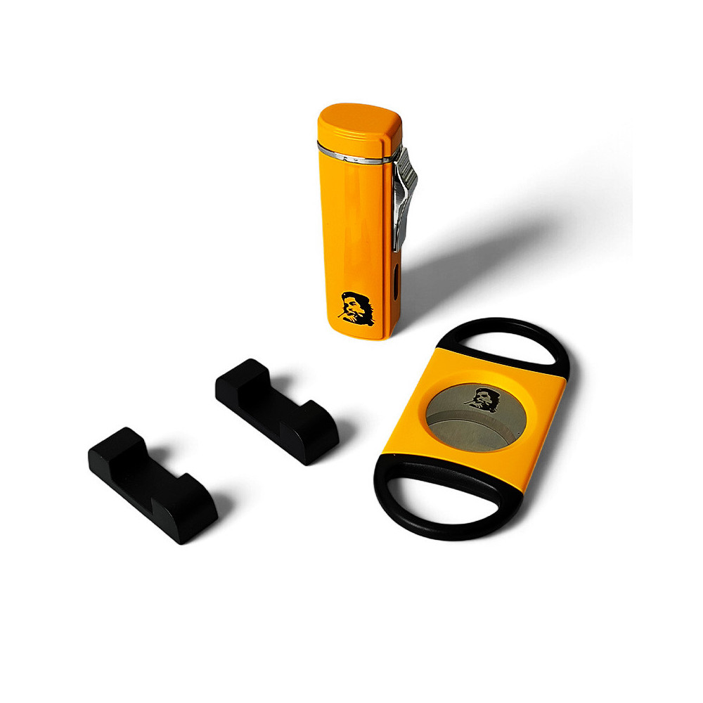 Zigarrenset Sky "Che" 3jet gelb-orange mit gelb-orangem Cutter und zwei Kunststoff-Zigarrenhaltern