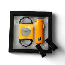 Zigarrenset Sky "Che" 3jet gelb-orange mit gelb-orangem Cutter und zwei Kunststoff-Zigarrenhaltern