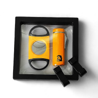 Zigarrenset Sky "Che" 3jet gelb-orange mit gelb-orangem Cutter und zwei Kunststoff-Zigarrenhaltern