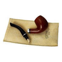 Bruyère-Tabakpfeife SAVINELLI – Minerva Liscia Nat 601, braun, „Bent Billiard“-Form – auseinandergefaltet auf einem Beutel