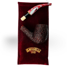 Bruyère-Tabakpfeife SAVINELLI – Vigna Rusticata Bordeaux 670, dunkelrote Farbe und „Egg Bent“-Form – auf einem Beutel ausgelegt