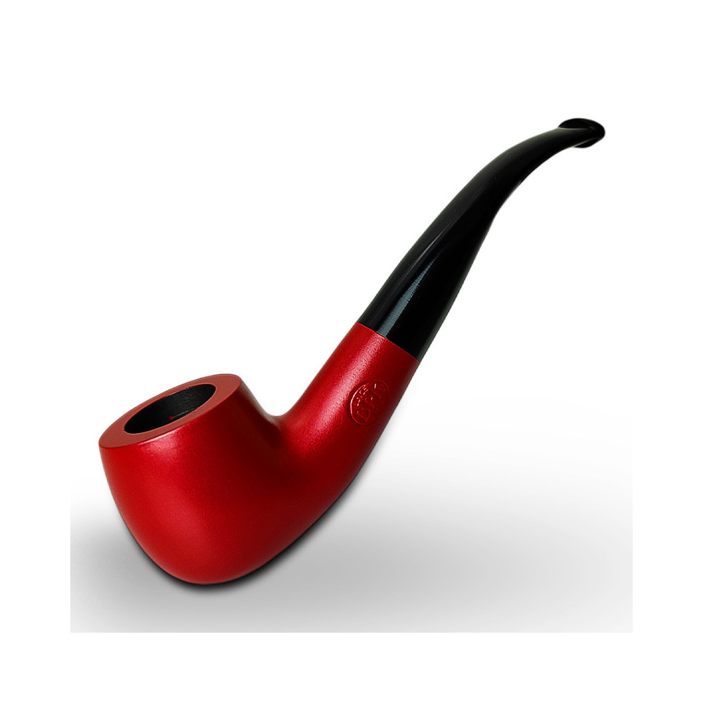 Birnenförmige Tabakpfeife BPK 73-14, metallisch rot, Form „Bent Billiard“.