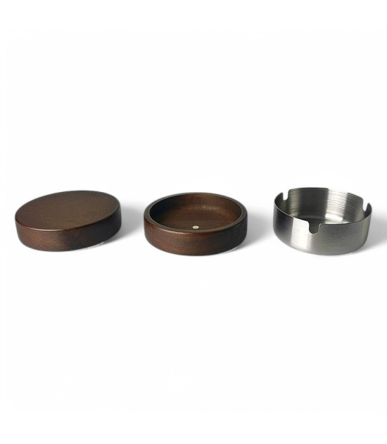 Aschenbecher Holz / Metall - Silber - aufgeklappt