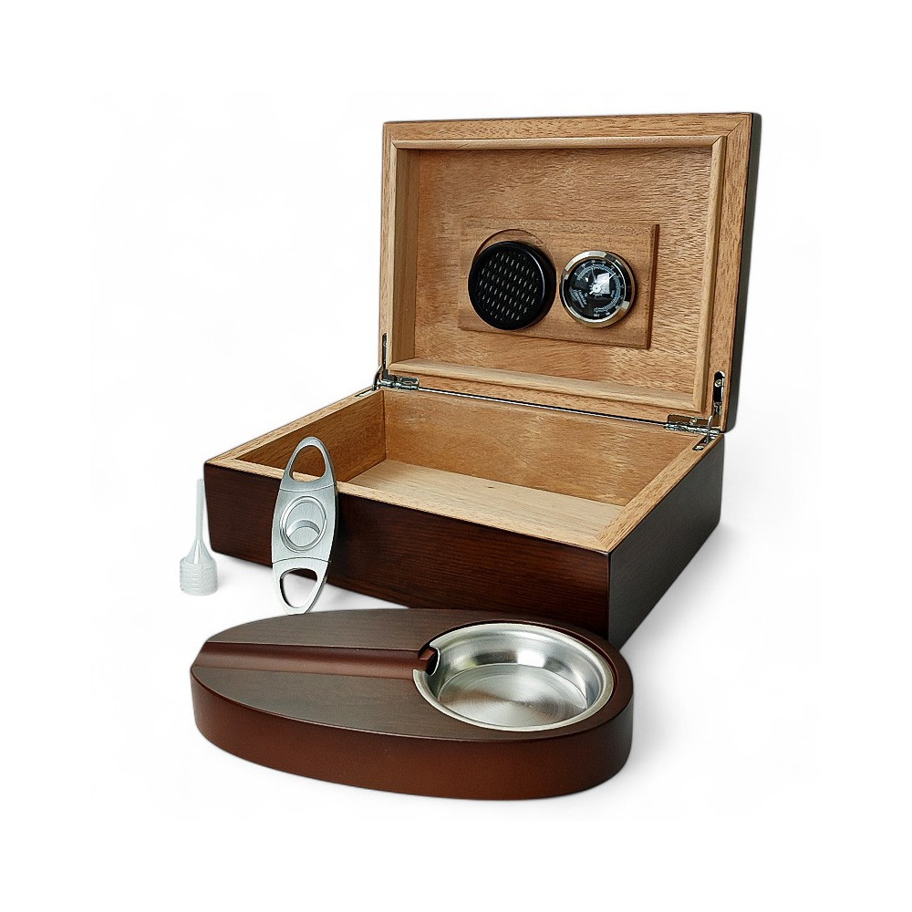 Humidor-Set aus braunem Holz mit Anspitzer und Aschenbecher