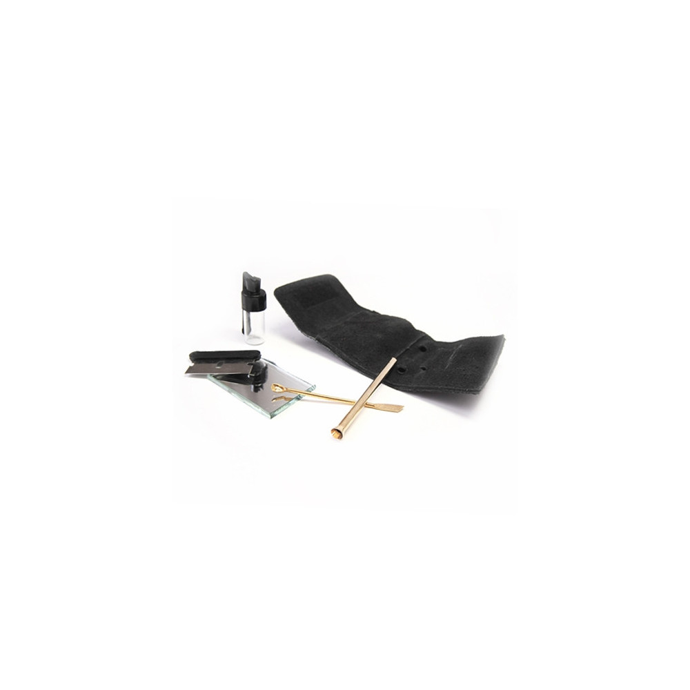 Coca-Schnupftabak-Set – schwarzes Stoffetui, Glaspulverbehälter, Rasierer, Spiegel, Metalllöffel und Schnupftabakpfeife